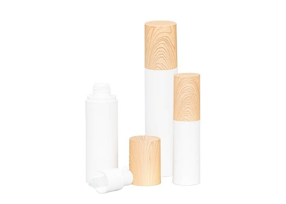 Design of water transfer printing wood grain over cap PP Airless bottle 15ml 30ml 50ml